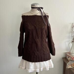 Brown mohair wool off the shoulder sweater